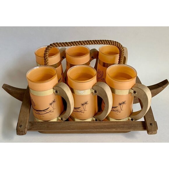 Siesta Ware Vintage Peach Glasses Set of 6 With Canoe Outrigger Carrier Wooden T - Picture 1 of 6